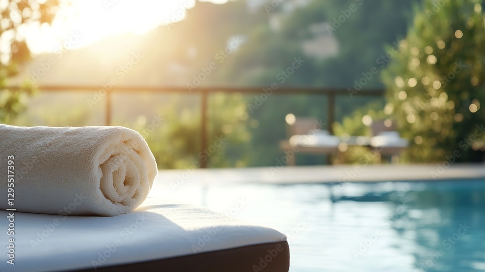 Poster soothing poolside view featuring rolled towel and relaxing atmosphere at sunset : generative ai
