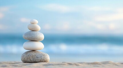 Fototapeta premium Balanced and Serene: Stacked Pebbles on a Tranquil Beach with Ocean Waves : Generative AI