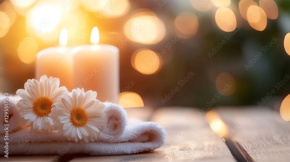 Poster relaxing spa setting with candles and flowers creating a serene atmosphere for wellness and tranquil
