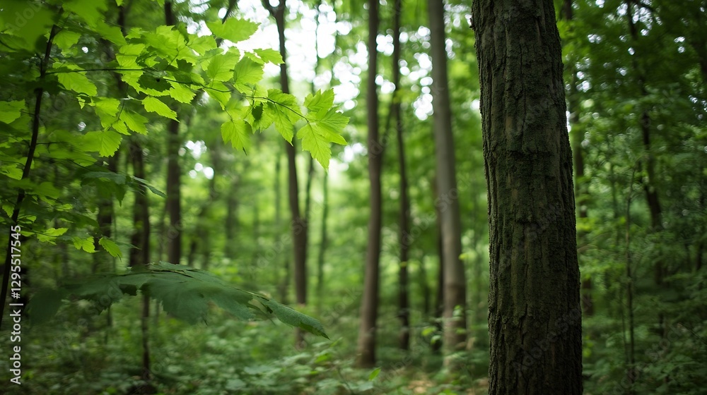 Aufkleber Lush green forest with sunlight filtering through the trees creating a calming atmosphere : Generative AI