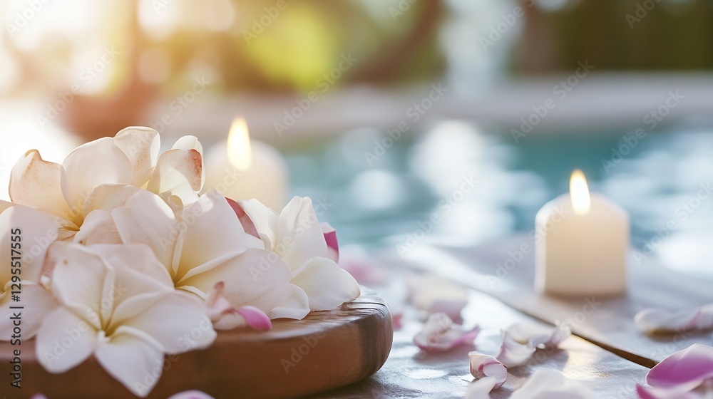 Poster relaxing spa setting with fresh flowers floating on water surrounded by candles : generative ai