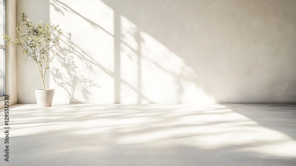 Poster minimalist interior design featuring sunlight casting soft shadows on a light surface with a decorat