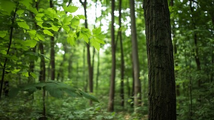 Lush green forest with sunlight filtering through the trees creating a calming atmosphere : Generative AI