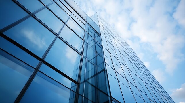 Closeup view of a glass building reflecting the sky exhibiting modern architectural elegance : Generative AI