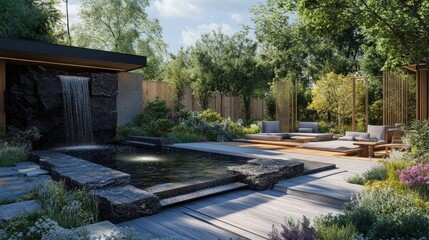 Fototapeta premium A spacious garden with a calming black granite waterfall beside a wooden seating area.
