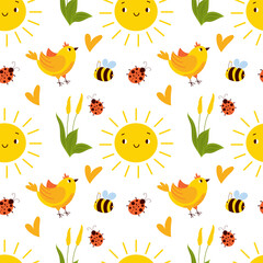 Childrens cute pattern, vector flat illustrations, sun, flowers, bee, ladybug, bird seamless pattern, background