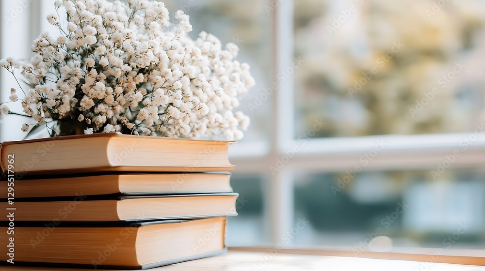 Poster Stack of books adorned with delicate white flowers placed near a window creating a serene reading corner : Generative AI