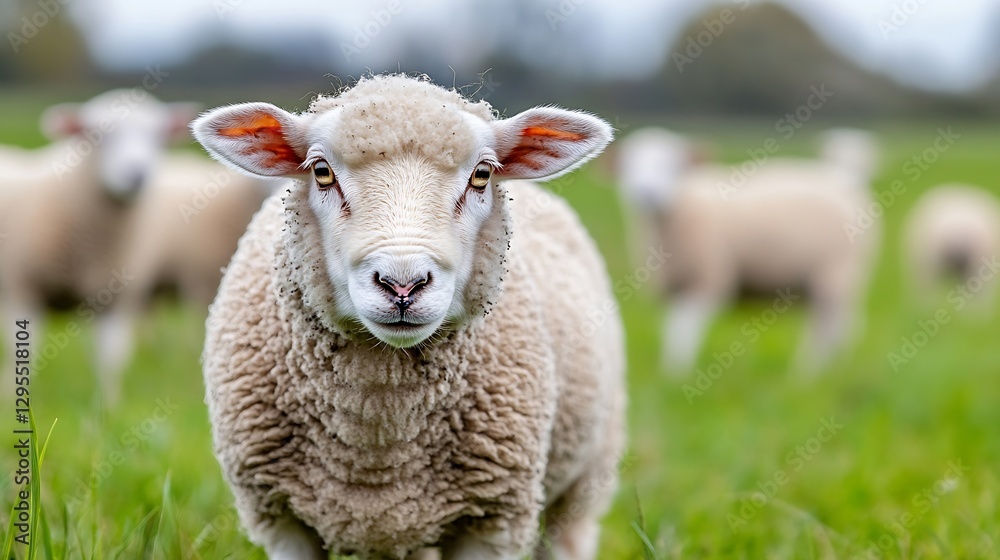 Poster curious sheep in a vibrant green meadow against a soft focus background : generative ai