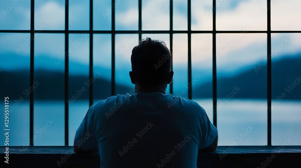 Poster Pensive silhouette of a man contemplatively gazing out through bars towards a tranquil lake at twilight creating a reflective mood : Generative AI