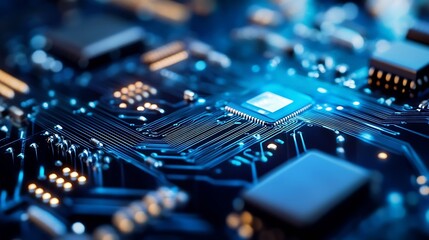 Obraz premium Close up view of a complex computer circuit board showcasing intricate designs and vibrant blue lights : Generative AI