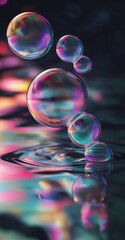 Naklejka premium Rainbow-hued bubbles drifting above calm water, sharp reflections.