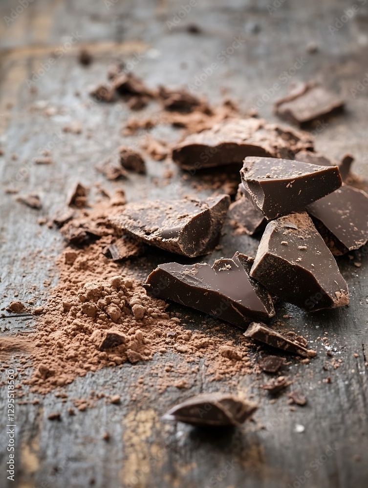 Poster rich dark chocolate pieces on a rustic wooden background surrounded by cocoa powder : generative ai