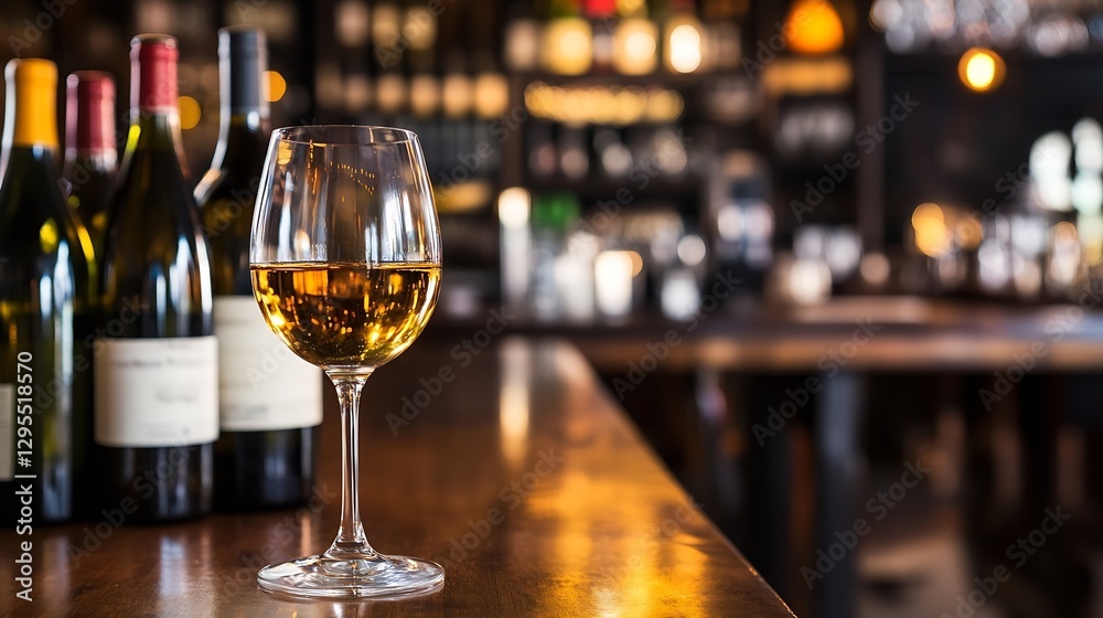 Aufkleber Elegant glass of white wine on bar counter with bottles in the background creating a warm ambiance : Generative AI
