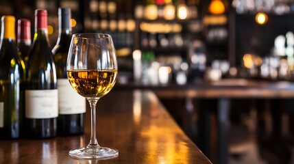 Elegant glass of white wine on bar counter with bottles in the background creating a warm ambiance : Generative AI
