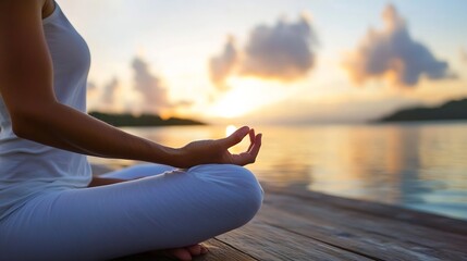 Serene Yoga Meditation at Sunset Over Calm Waters Bringing Peace and Tranquility to Mind and Soul : Generative AI