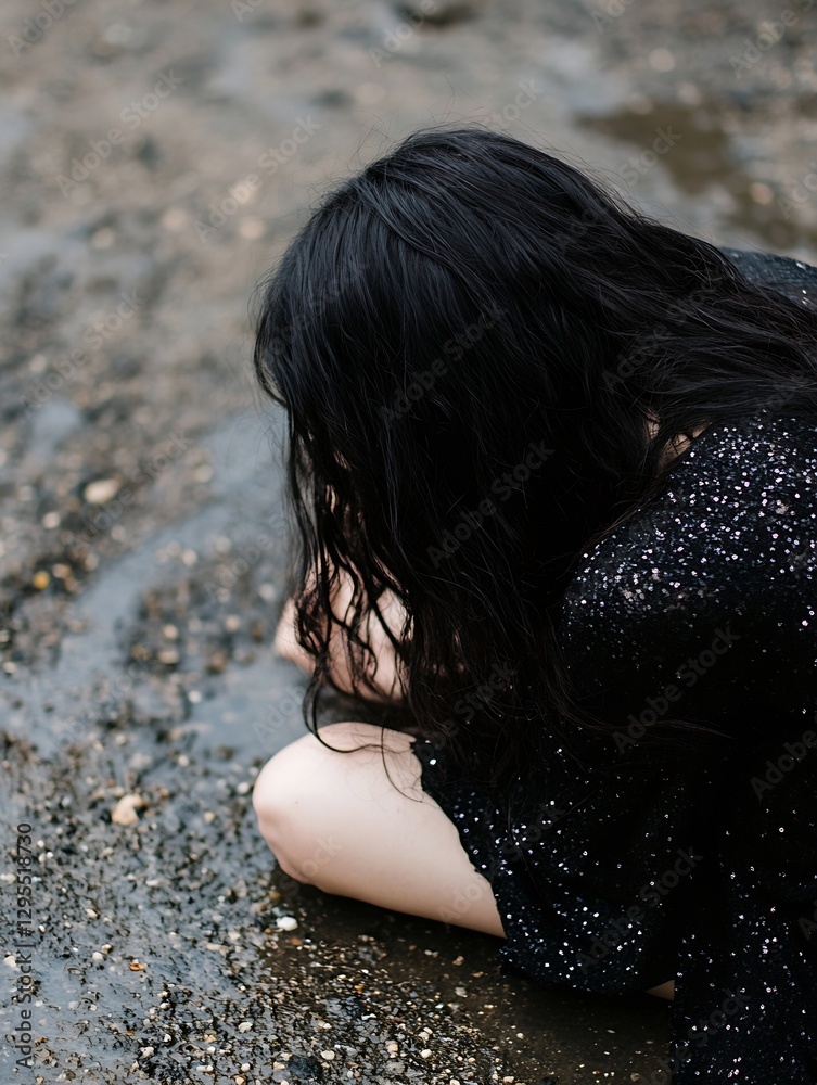 Poster stunning image of a woman in water with dark hair reflecting sorrow and introspection in natural sce