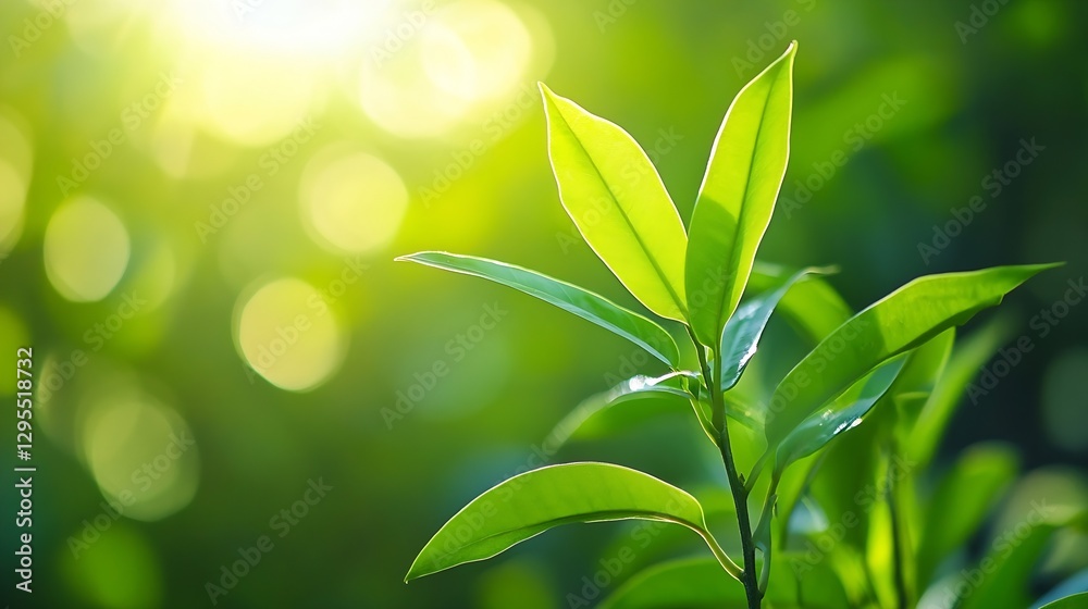 Aufkleber fresh green tea leaves glowing in beautiful sunlight with soft bokeh background : generative ai