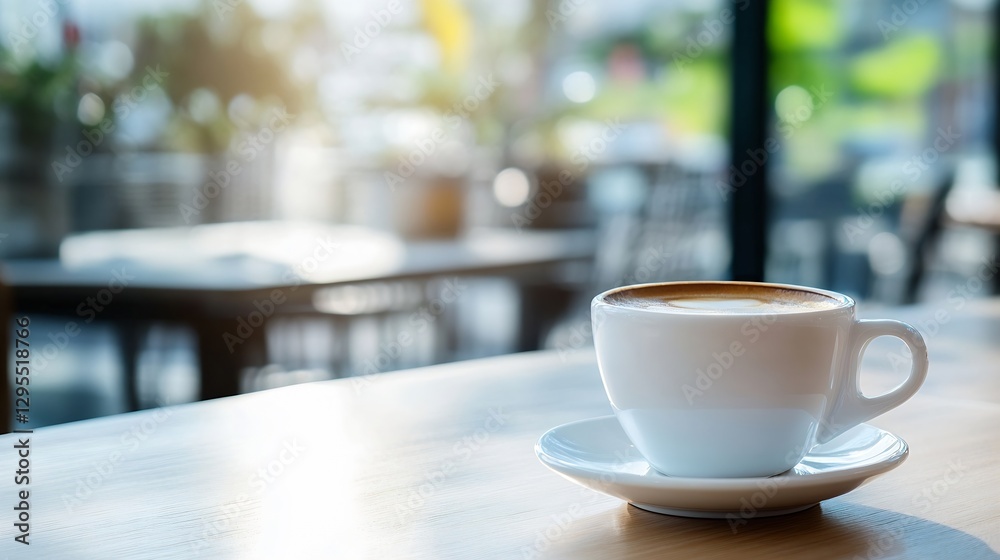 Poster freshly brewed coffee in a white cup with natural light streaming through a cafe : generative ai