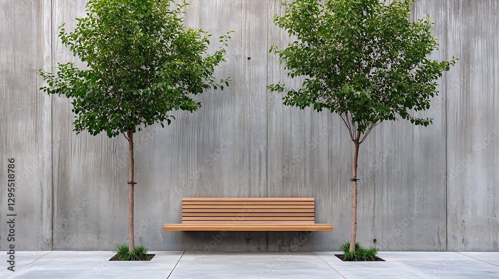 Poster modern minimalist bench surrounded by lush trees against a textured concrete wall : generative ai