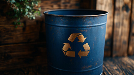 Blue recycling bin with symbol on rustic wooden background.