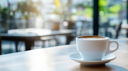 Freshly Brewed Coffee in a White Cup with Natural Light Streaming Through a Cafe : Generative AI