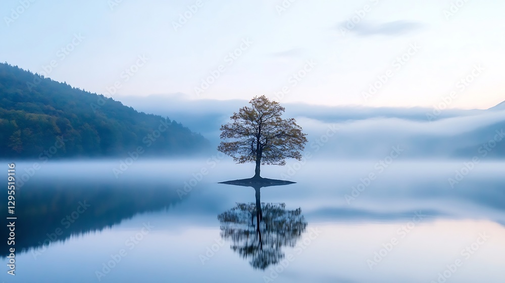Aufkleber serene misty lake with a lonely tree at dawn reflecting in calm waters : generative ai