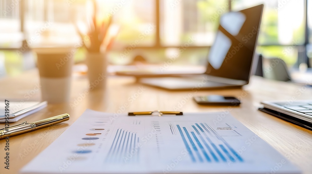 Poster detailed view of business documents and laptop in an office desk setting : generative ai