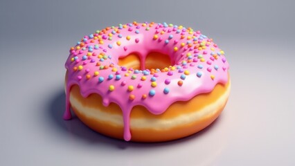 A sprinkled donut with pink icing and colorful sprinkles on a light background.