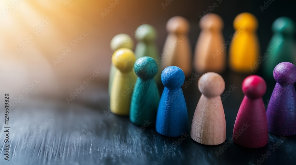 Poster colorful wooden game pieces lined up in bright ambiance symbolizing teamwork and player dynamics : g