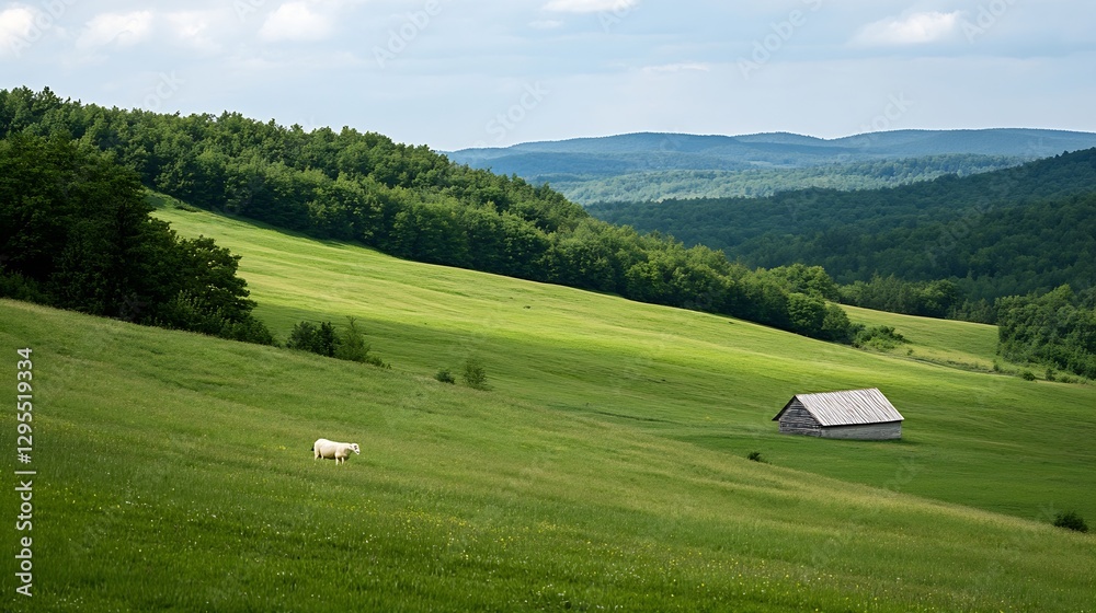 Poster scenic landscape view of a serene green field with cows and a rustic barn under a blue sky : generat