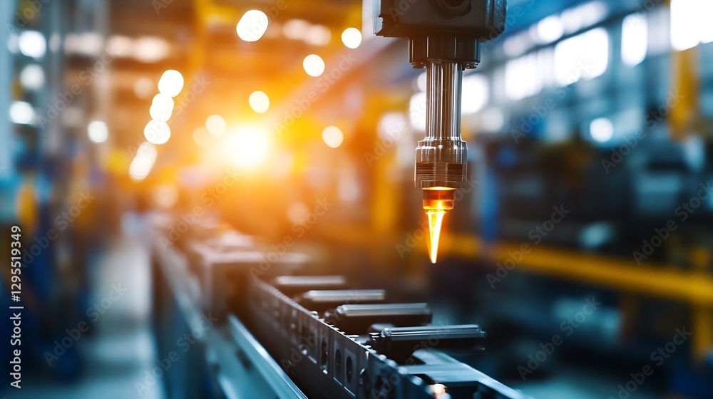 Poster industrial equipment in operation with laser cutting technology illuminating the factory : generativ