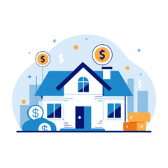 Flat illustration of a house with dollar signs, symbolizing real estate investment. Modern home with financial symbols around it for a financial concept.