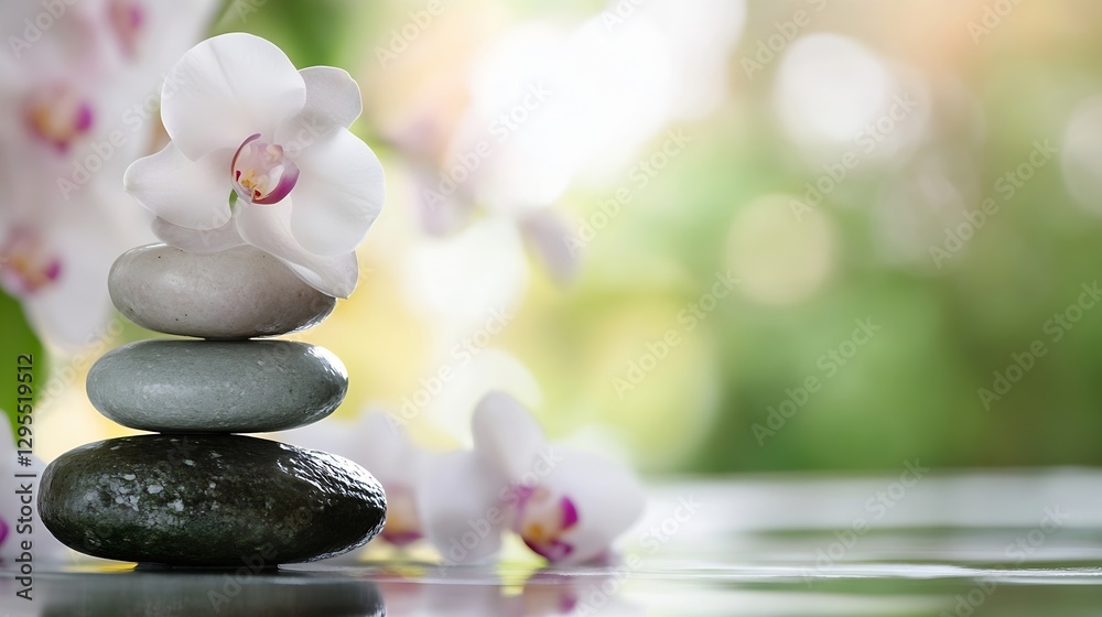 Aufkleber serene stacked stones with orchid flowers and soft bokeh background for calm and relaxation : genera