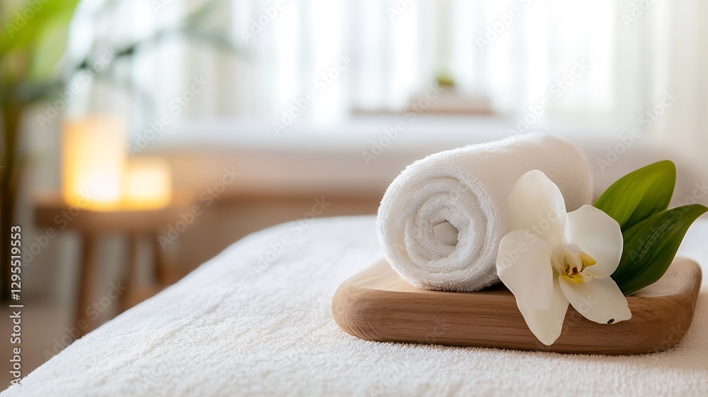 Poster luxurious spa towel and orchid flower on a cozy bed creating a relaxing atmosphere : generative ai