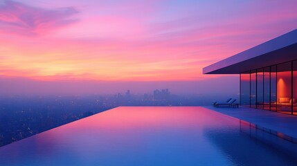 Rooftop infinity pool at sunset over city