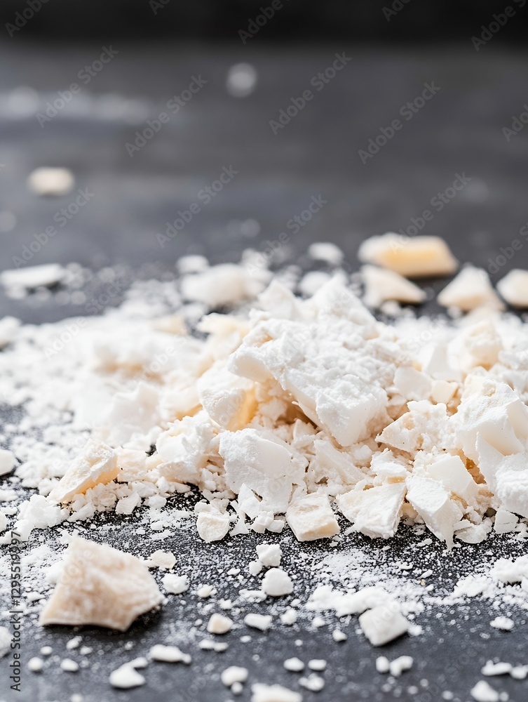 Poster Scattering of crushed white chocolate on a reflective dark surface creating a striking contrast : Generative AI