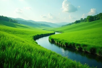 Obraz premium Gentle river curves through lush emerald fields, nature, vegetation, green