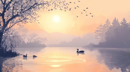 Serene Sunset Lake Scene With Birds and Blossoms