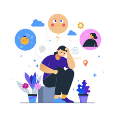 Obraz premium Young woman in casual attire contemplating surrounded by thoughts and emotions. Sitting thoughtfully on a platform with plants in the background.