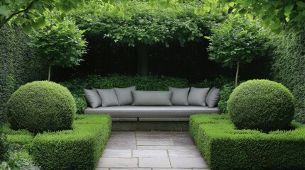 A tranquil backyard nook with a seating space subtly enclosed by greenery.