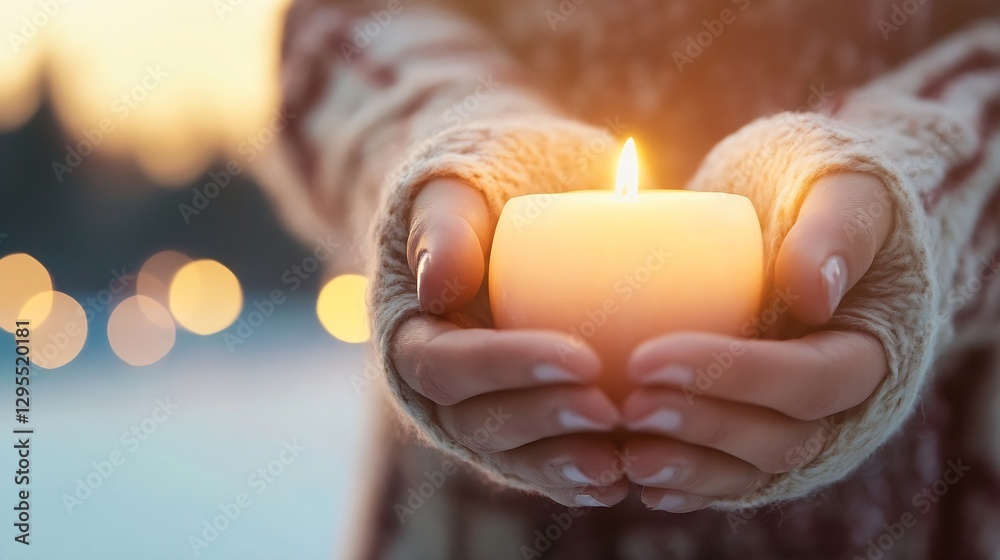 Aufkleber hands holding a softly glowing candle in a winter setting : generative ai