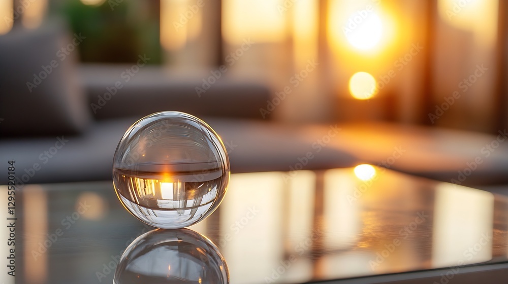 Aufkleber crystal clear sphere reflecting a beautiful sunset and soft couch in a cozy indoor setting : generat