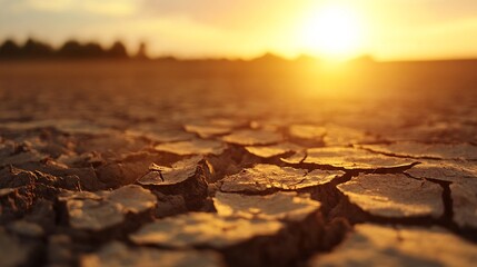 Obraz premium Golden Hour Sunset Over Dry Cracked Earth Landscape : Generative AI