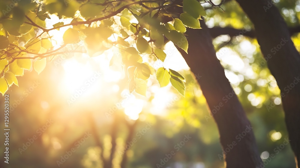 Poster Sunlight through leaves on trees creating a warm and inviting nature scene : Generative AI