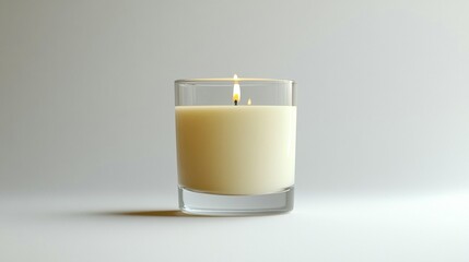 A single lit candle in a clear glass jar on a white background.