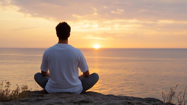 Man Meditating at Sunrise Over Tranquil Ocean Waves in Calm Nature Setting : Generative AI