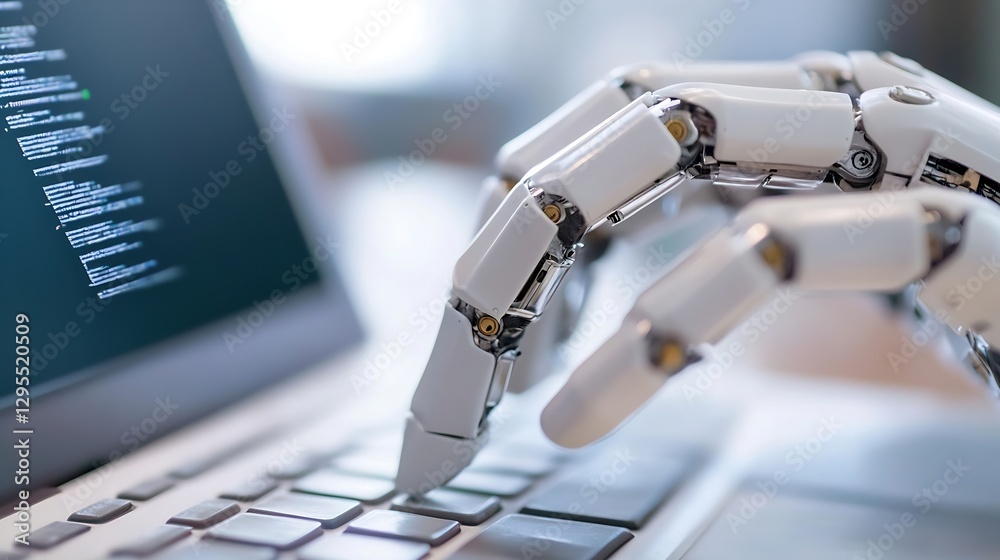 Poster Close Up of a Robotic Hand Typing on a Laptop Keyboard in a Modern Workspace : Generative AI