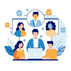 Team Collaboration in a Modern Office Setting. Diverse professionals in business attire engaged in a virtual meeting.