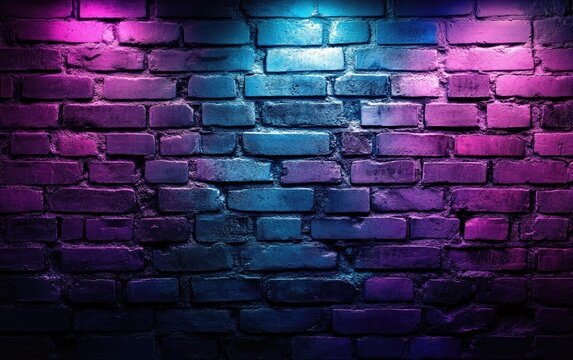 Fototapeta Neon lights illuminate a brick wall