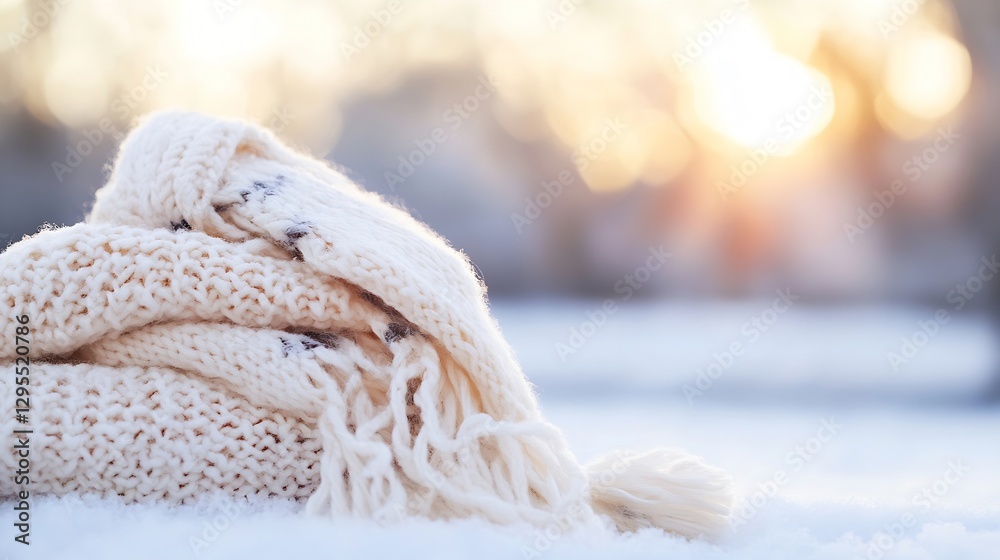 Aufkleber warm knit scarf lying on snow under soft glow of sunlight : generative ai